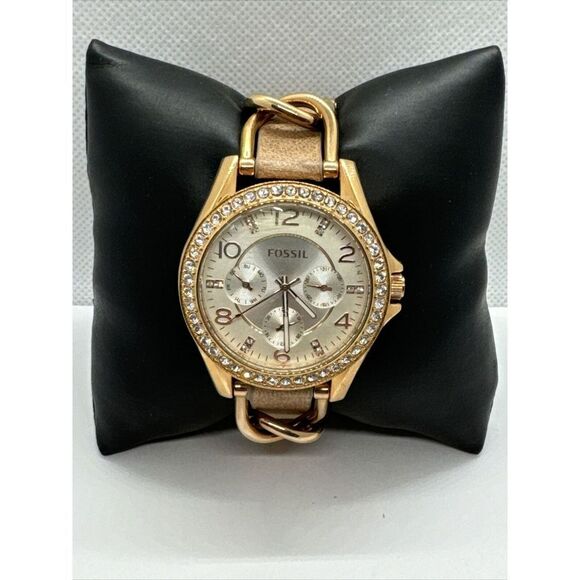 Fossil Riley ES3466 Women's Rose Gold-Tone Sand Leather Analog Dial Watch JNA310 - Picture 1 of 11